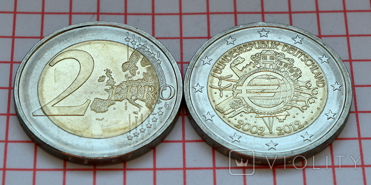 Германия 2 евро, 2012 10 лет евро наличными, из ролла, фото №5