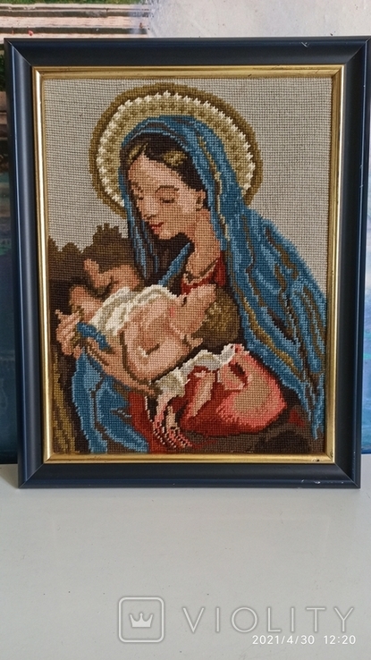 Икона. Старинный гобелен "Мадонна с младенцем", 40х31 см, Германия, фото №7
