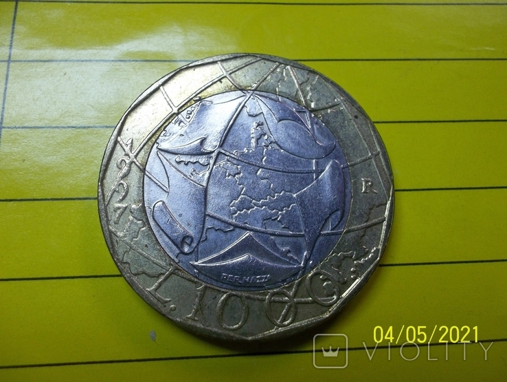 1000 лир Италия 1997г. с ошибочной картой ГДР И ФРГ, фото №2