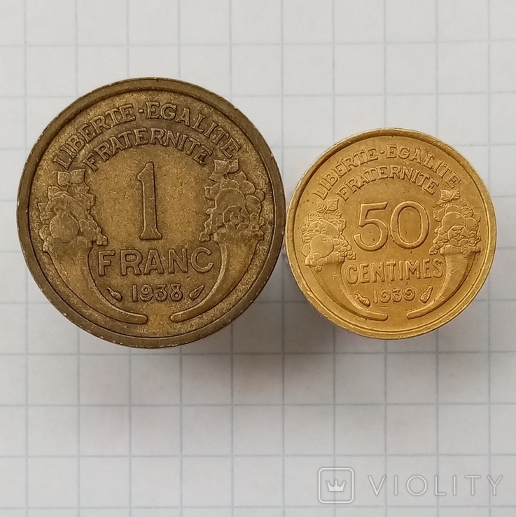 1 франк 1938г 50 сантимов 1939г Франция, фото №2