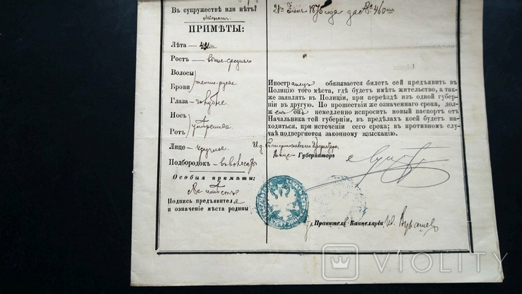 Билет Екатеринослав губернатор паспорт музыканту гербовая бумага 40 коп 1876, фото №4