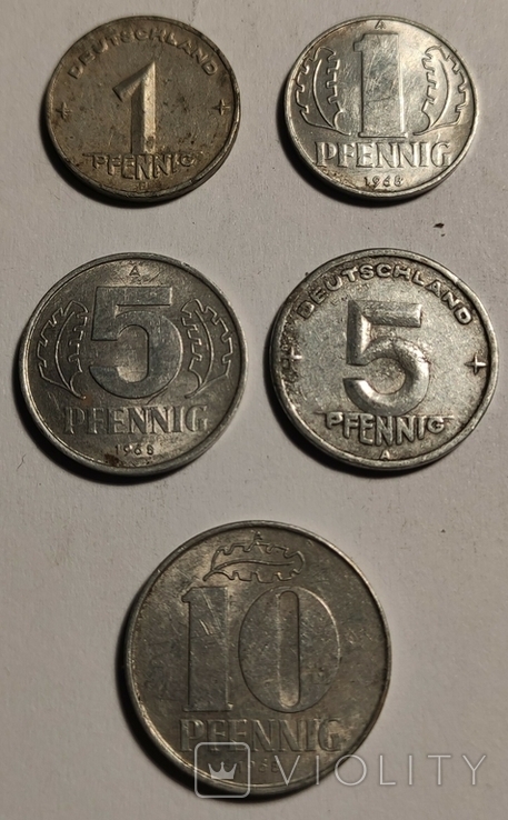 1 Пфенниг 1950,1968. 5 Пфеннингов 1948, 1968. 10 Пфеннингов 1968 года. Германия, фото №2