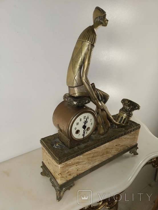 Бронзовые часы механические арт-деко на мраморной подставке "Музыкант" арт. 0547, фото №4