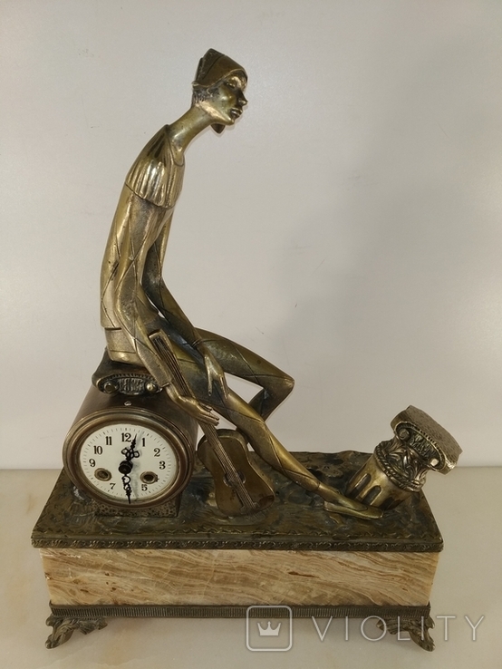 Бронзовые часы механические арт-деко на мраморной подставке "Музыкант" арт. 0547, фото №5