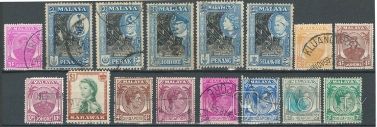Е11 Британские колонии. Малайские княжества 1940-50-е гг, 16 марок без повторов