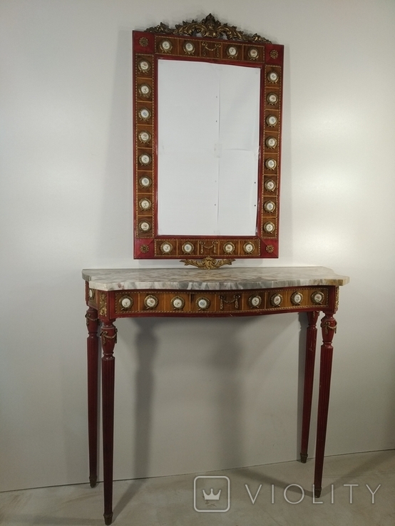 Деревянный комплект столик и зеркало с мрамором, вешалка и стульчик арт. 0918, фото №3