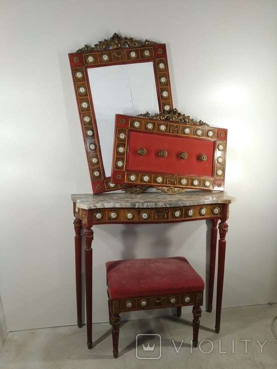 Деревянный комплект столик и зеркало с мрамором, вешалка и стульчик арт. 0918, фото №12