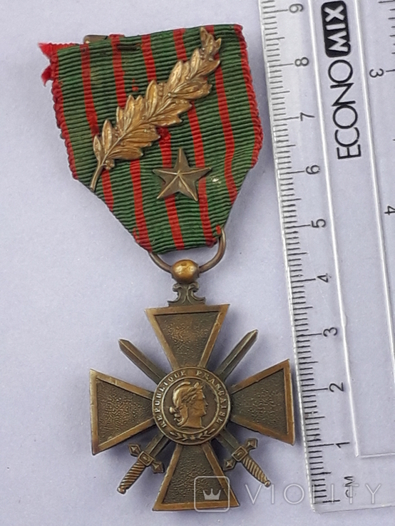 Военный Крест (Croix de guerre) 1914-1916 гг., с бронз. звездой и ветвью на ленте, Франция