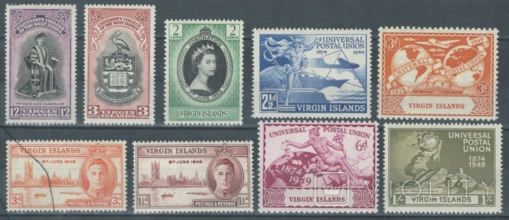 Ф07 Британские колонии. Виргинские о-ва 1940-50-е гг, 9 марок без повторов
