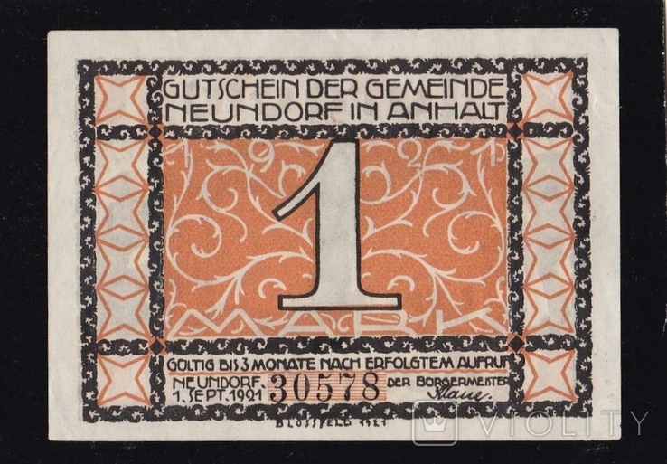 1 марка 1921 30578. Нейнндорф. Німеччина.