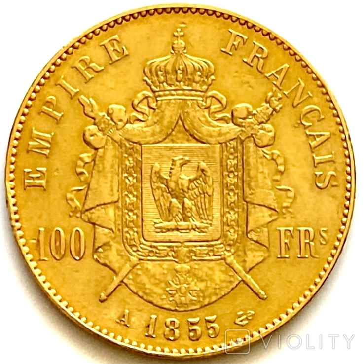 100 франков. 1855. Наполеон III. Франция (золото 900, вес 32,15 г), фото №3