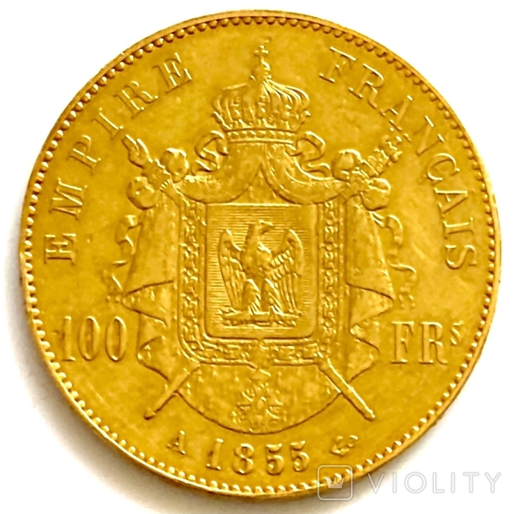 100 франков. 1855. Наполеон III. Франция (золото 900, вес 32,15 г), фото №12