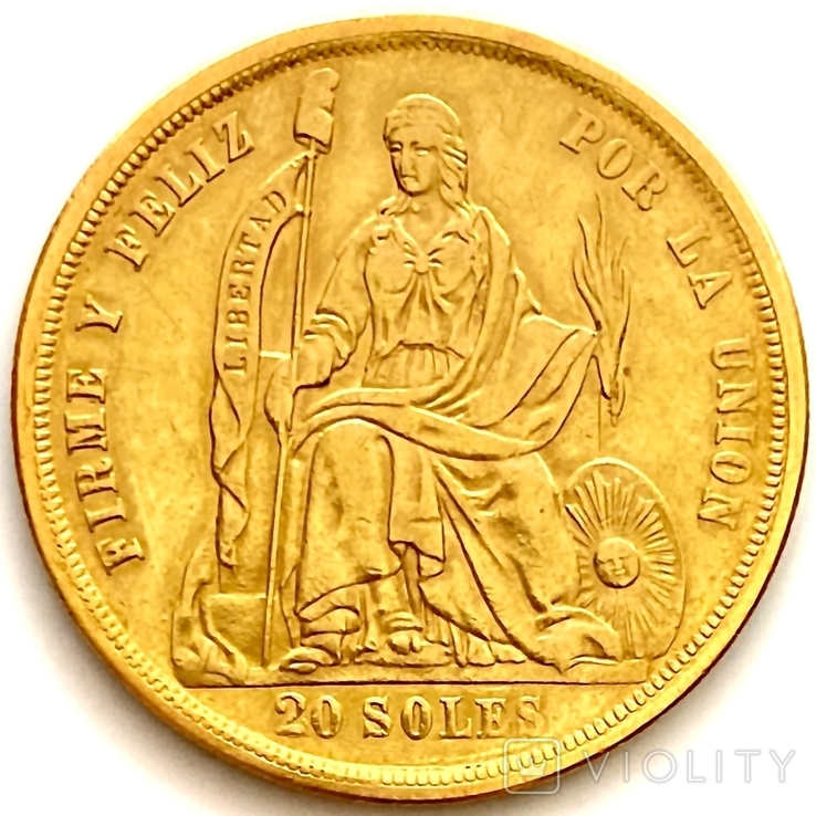 20 соль. 1863. Перу (золото 900, вес 32,15 г), numer zdjęcia 2