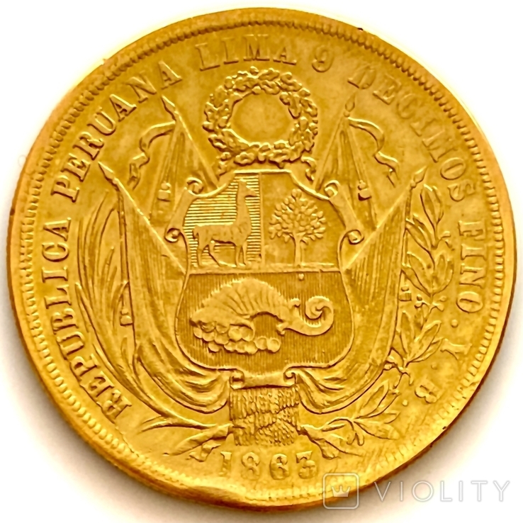 20 соль. 1863. Перу (золото 900, вес 32,15 г), numer zdjęcia 3