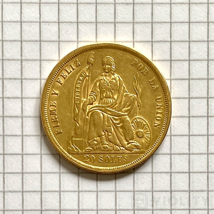 20 соль. 1863. Перу (золото 900, вес 32,15 г), фото №4