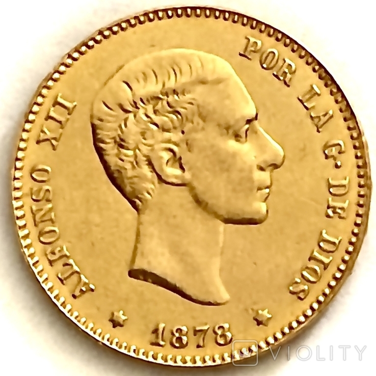 25 песет. 1878. Альфонсо XII. Испания (золото 900, вес 8,06 г), фото №2