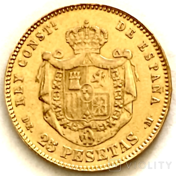 25 песет. 1878. Альфонсо XII. Испания (золото 900, вес 8,06 г), фото №3
