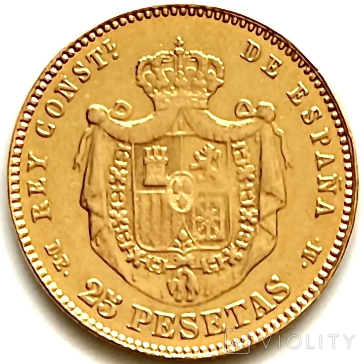 25 песет. 1878. Альфонсо XII. Испания (золото 900, вес 8,06 г), фото №5