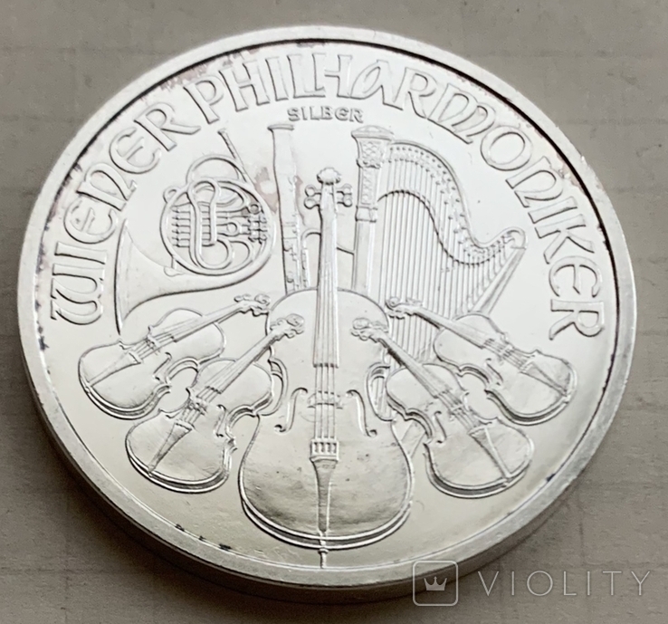Монета Австрии, серебро 1 унция, Венская Филармония 1,5 Евро 2009 год, фото №2