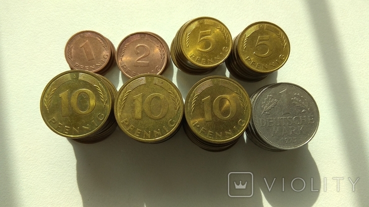 Монеты ФРГ 1, 2, 5, 10 пфеннигов, 1 марка (72 шт.)