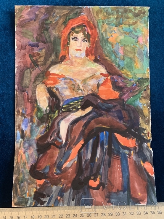 Женщина, портрет женщины в платке. Акварель, ватман. Размер 30*20,5 см, фото №3