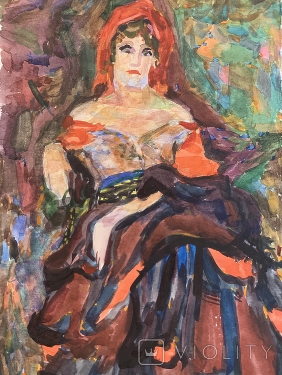 Женщина, портрет женщины в платке. Акварель, ватман. Размер 30*20,5 см, фото №4