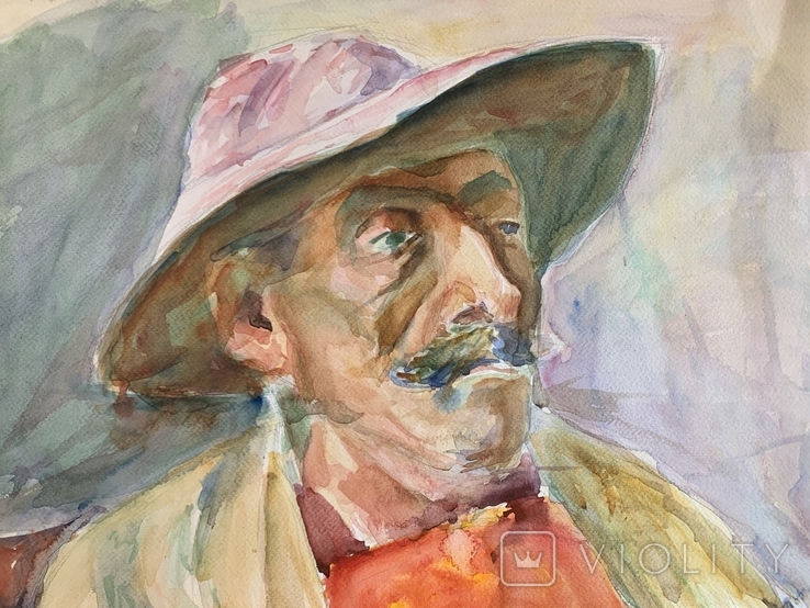 Портрет мужчины в шляпе с усами. Акварель, ватман. Размер 42*31 см, фото №2