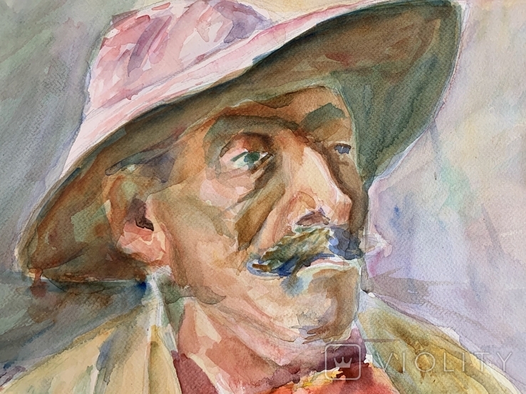 Портрет мужчины в шляпе с усами. Акварель, ватман. Размер 42*31 см, фото №6