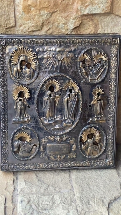 Икона с избранными святыми в серебряном кованном окладе 1836г с дарственной надписью, фото №2