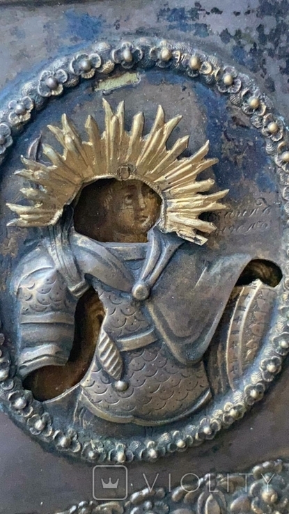 Икона с избранными святыми в серебряном кованном окладе 1836г с дарственной надписью, фото №4