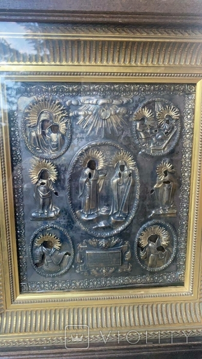 Икона с избранными святыми в серебряном кованном окладе 1836г с дарственной надписью, фото №11