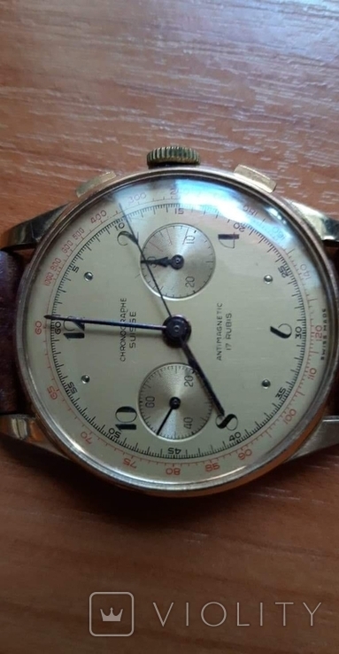 Часы золотые Chronograph Suisse Antimagnetic 17 Rubins Landeron 48, фото №2