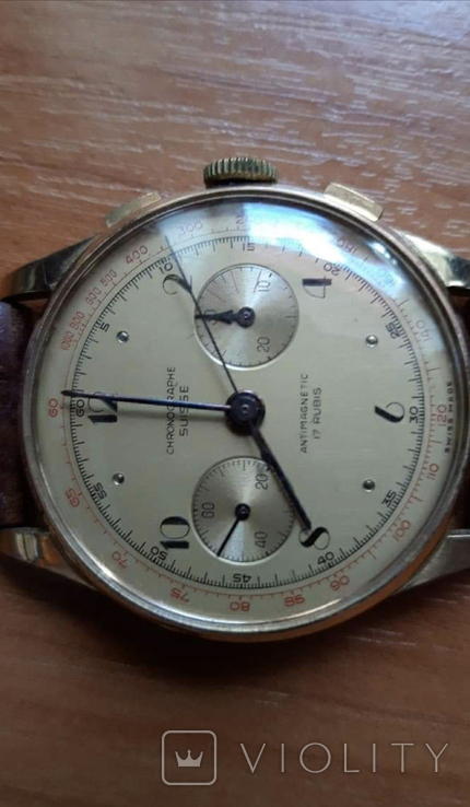 Часы золотые Chronograph Suisse Antimagnetic 17 Rubins Landeron 48, фото №7