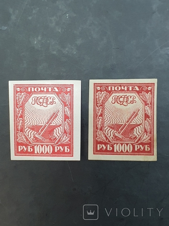 1921 первый стандартный выпуск номиналом 1000 руб две марки разный цвет, фото №2