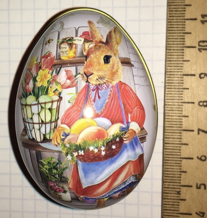 Шкатулка жестяная, пасхальное яйцо, заюшка-хозяюшка, цветы / кролик, фото №2