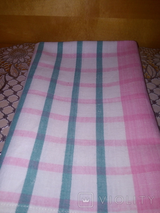 Полотенце лен СССР в зелёную и розовую полоску. Третье
