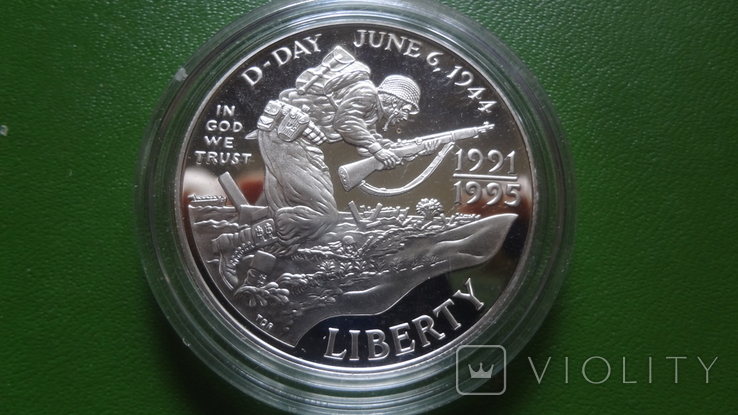 1 доллар 1995 США 50 лет Победы Высадка в Нормандии серебро, фото №2
