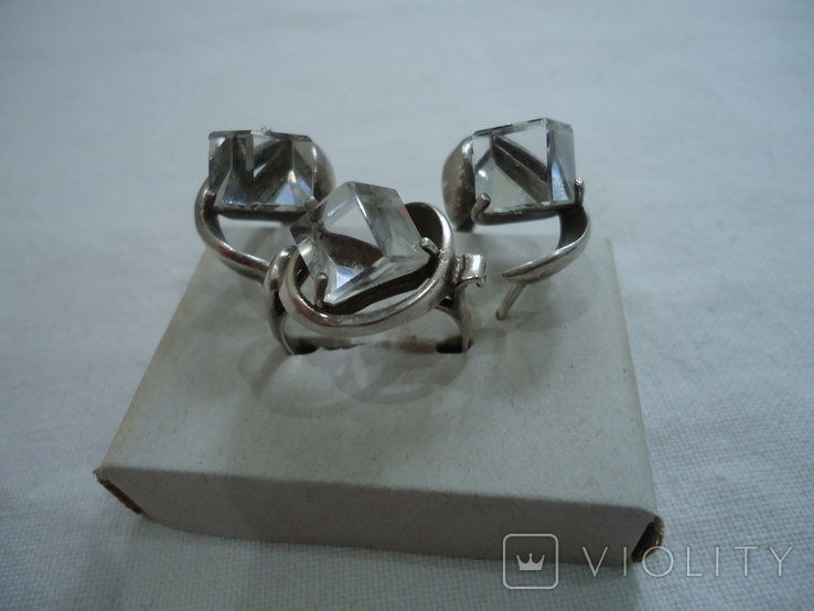 Серебренный гарнитур кольцо и серьги с крупным камнем, фото №5