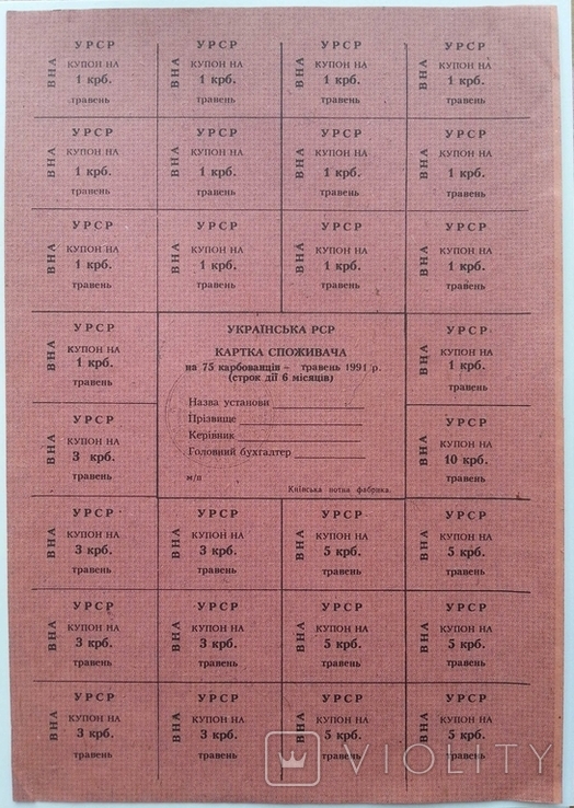 Картка споживача на 75 карбованців травень Українська РСР