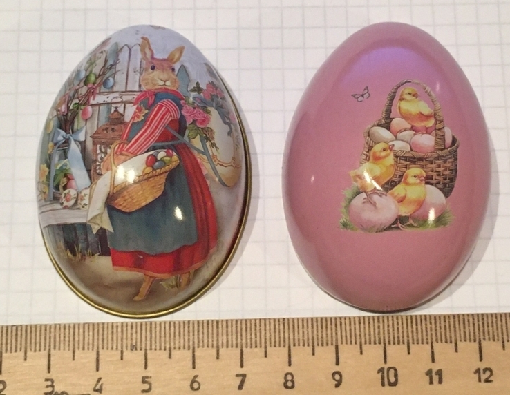 Шкатулка жестяная, пасхальное яйцо, заюшка, цыплята / кролик, фото №3
