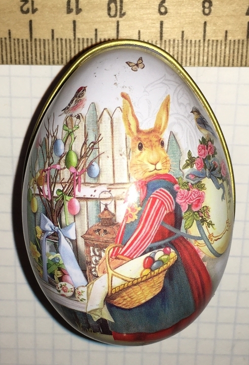 Шкатулка жестяная, пасхальное яйцо, заюшка, цыплята / кролик, фото №8
