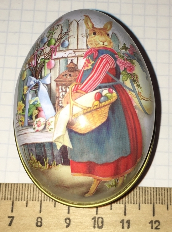 Шкатулка жестяная, пасхальное яйцо, заюшка, цыплята / кролик, фото №9