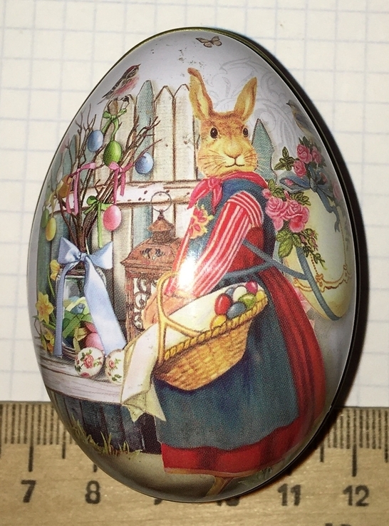 Шкатулка жестяная, пасхальное яйцо, заюшка, цыплята / кролик, фото №10