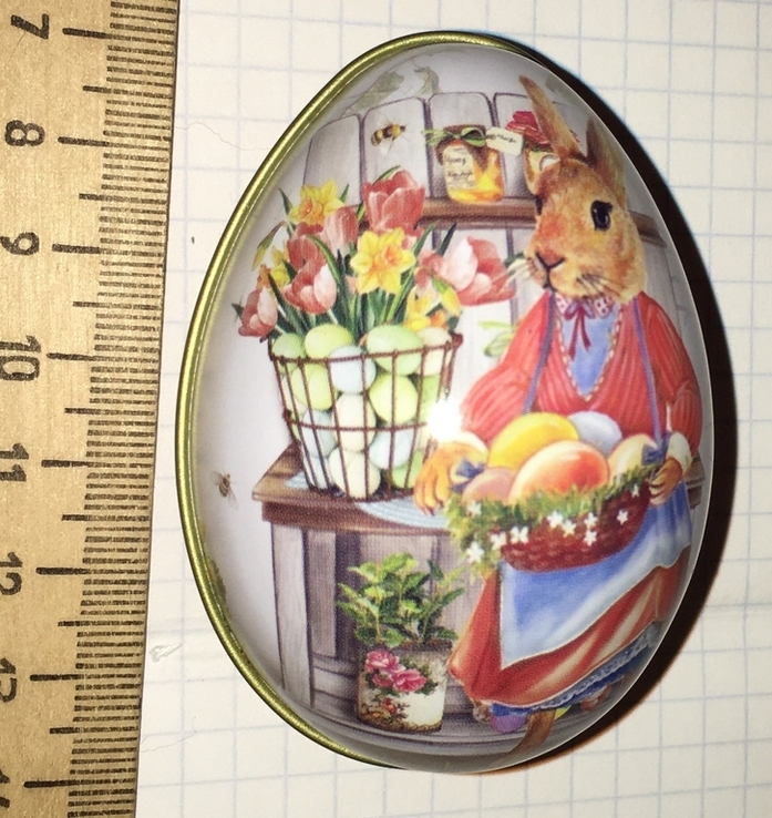 Шкатулка жестяная, пасхальное яйцо, заюшка-хозяюшка, цветы, фото №8