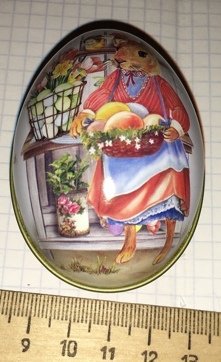 Шкатулка жестяная, пасхальное яйцо, заюшка-хозяюшка, цветы, фото №9