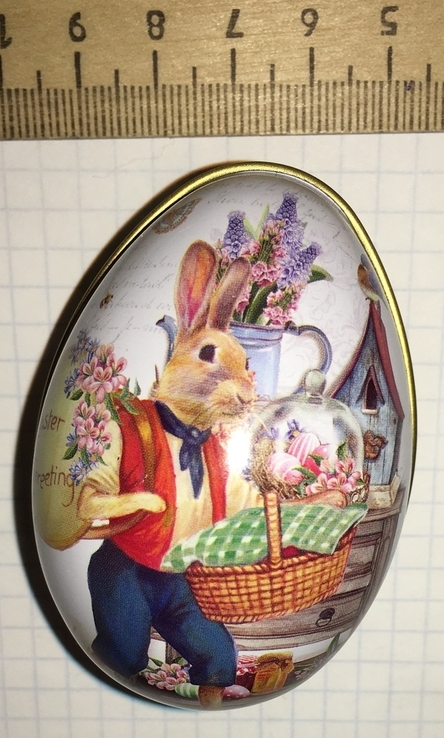 Шкатулка жестяная, пасхальное яйцо, заец, цветы / кролик, фото №3