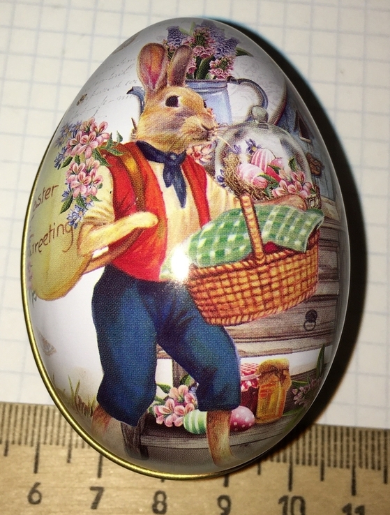 Шкатулка жестяная, пасхальное яйцо, заец, цветы / кролик, фото №4