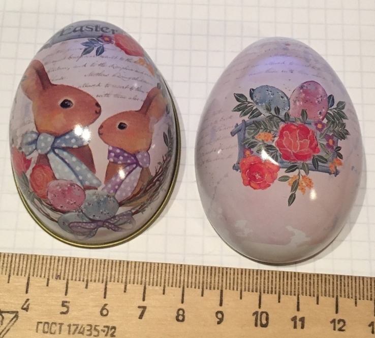 Шкатулка жестяная, пасхальное яйцо, зайцы, пара, цветы / кролики, фото №3