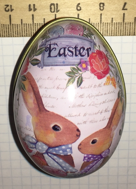 Шкатулка жестяная, пасхальное яйцо, зайцы, пара, цветы / кролики, фото №9