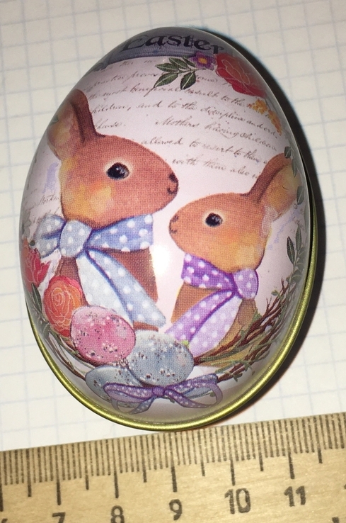 Шкатулка жестяная, пасхальное яйцо, зайцы, пара, цветы / кролики, фото №2
